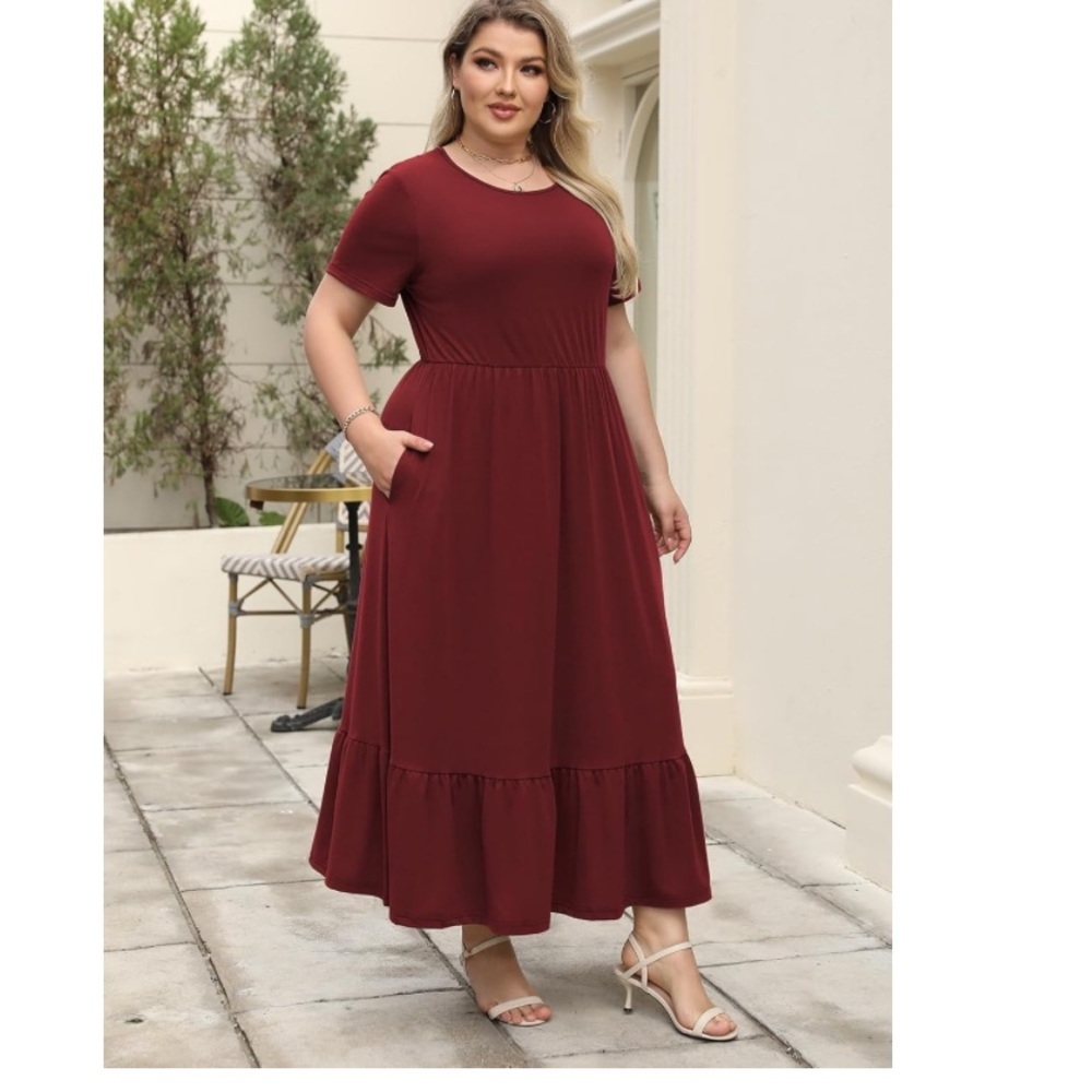 Burgundy Maxi Dress w Pockets | Tiered | Short Sleeve | Plus Size 3X